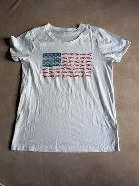 J. Crew Factory White Short Sleeve Tee with Red & Blue Flag Graphic